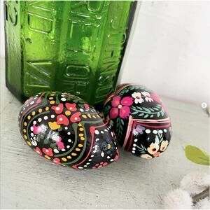 Vintage Hand Painted Wood Resin Easter Egg Pysanky Black Pink Flower PAIR